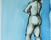 Nude - Original drawing - With ink and Indian Ink pen PITT on acid free paper Sennelier. Blue / Beige / white / Body / Female
