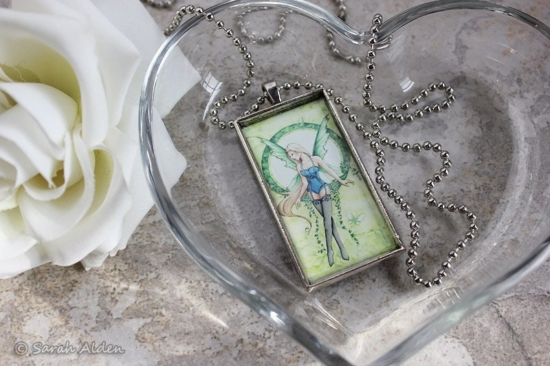 Fairy Necklace Jewelry Art Pendant - Green Ivy Faerie - Sarah Alden