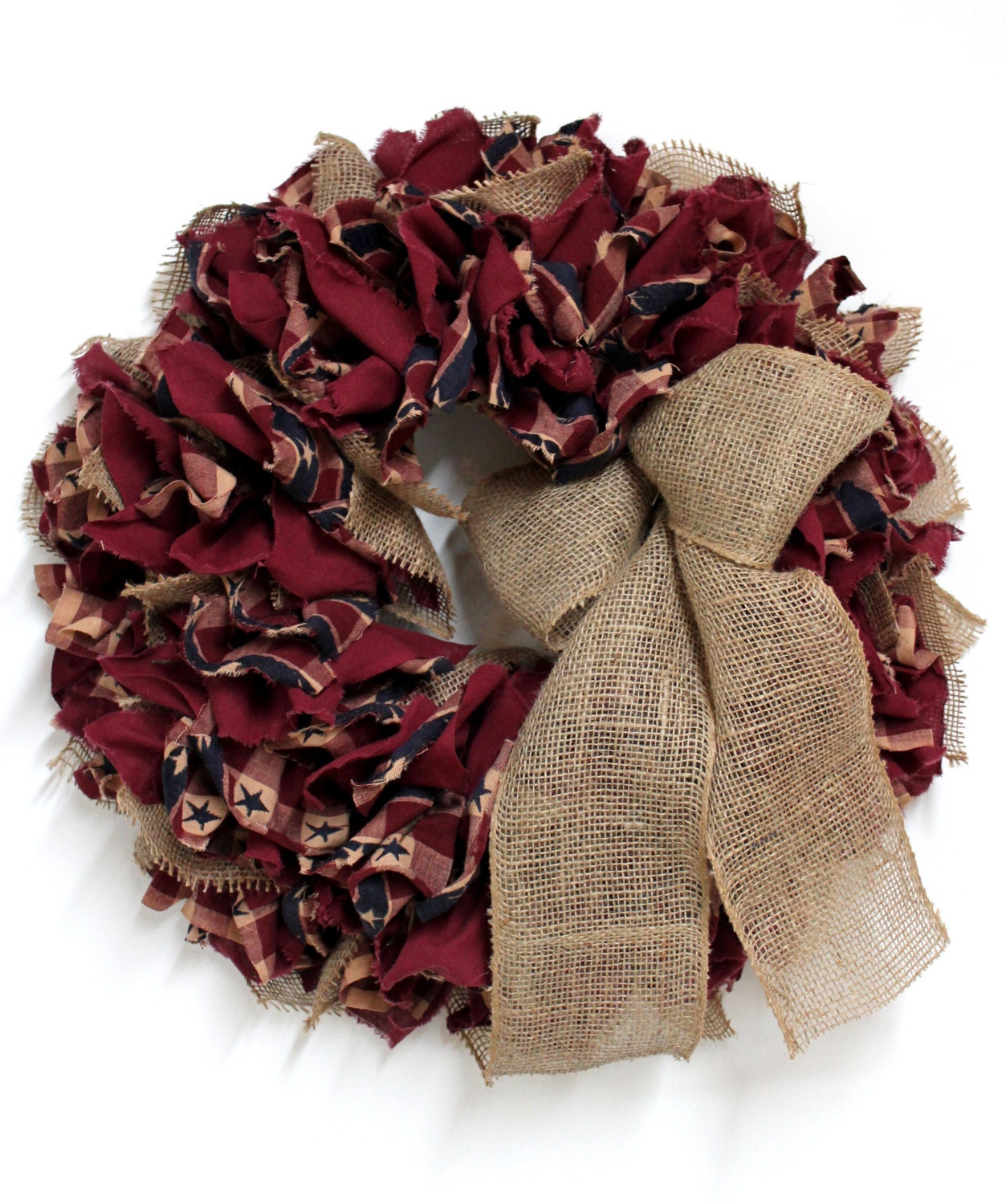 Primitive Fabric Rag Wreath, Patriotic Wreath, Natural Burlap, Americana Wreath, Great for Country Decor -- FREE SHIPPING
