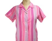 1980s Pink Striped Blouse - Vertical Stripes - Pink Light Pink Purple - Collared Button Front Blouse - Preppy - Size Large