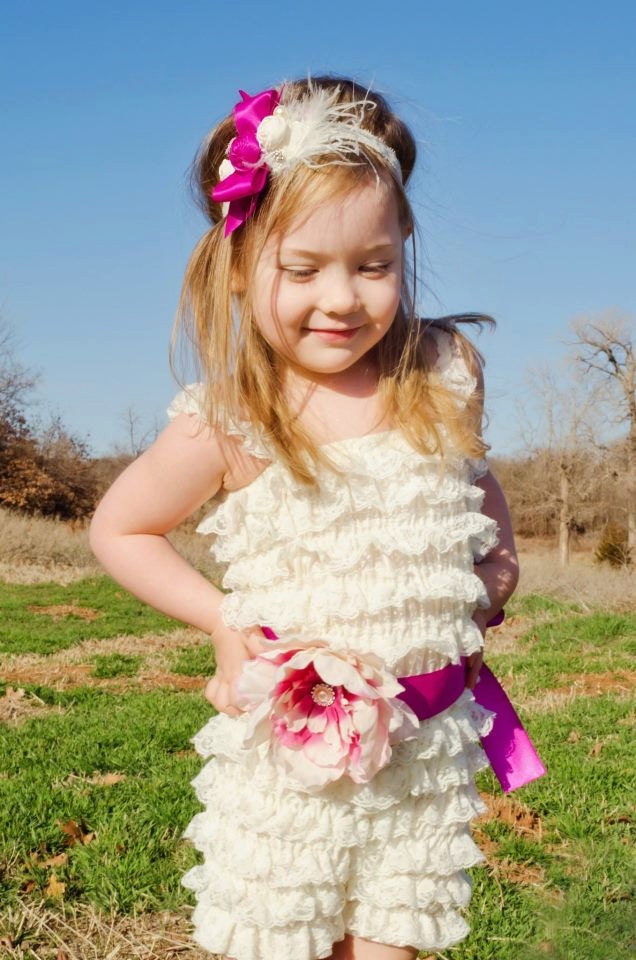 4-7x Lace Romper-Baby Lace Romper-Birthday Outfit-Romper-Ivory Lace Romper-Petti Romper-Flower Sash-Photo Prop
