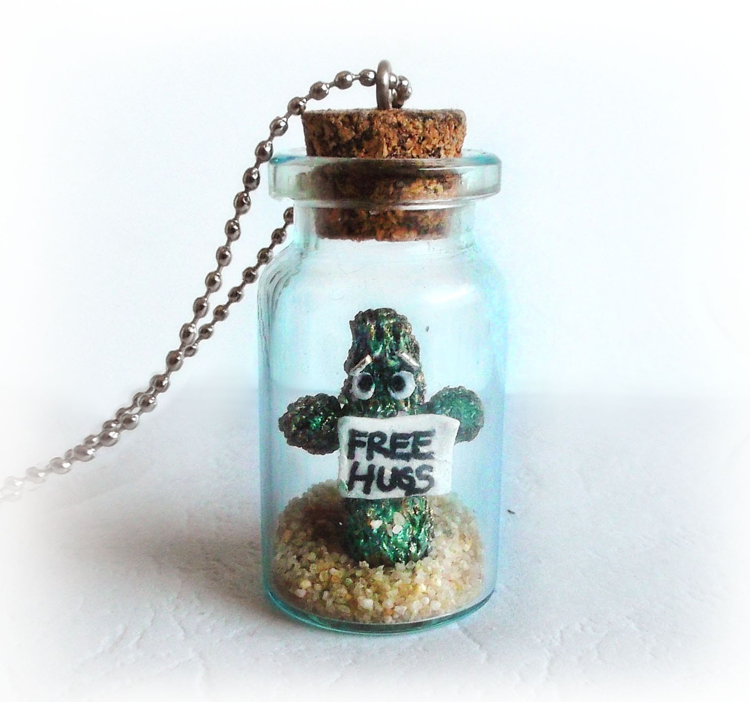 Free hugs cactus in a bottle necklace, funny, cute, sad, lonely cactus