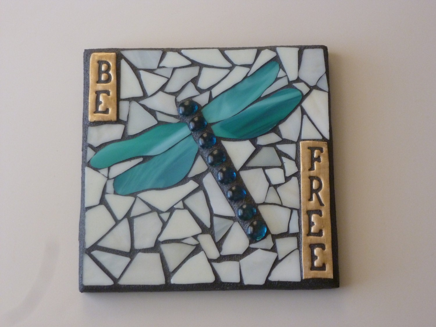 Stained Glass Dragonfly Mixed Media Mosaic in Teal