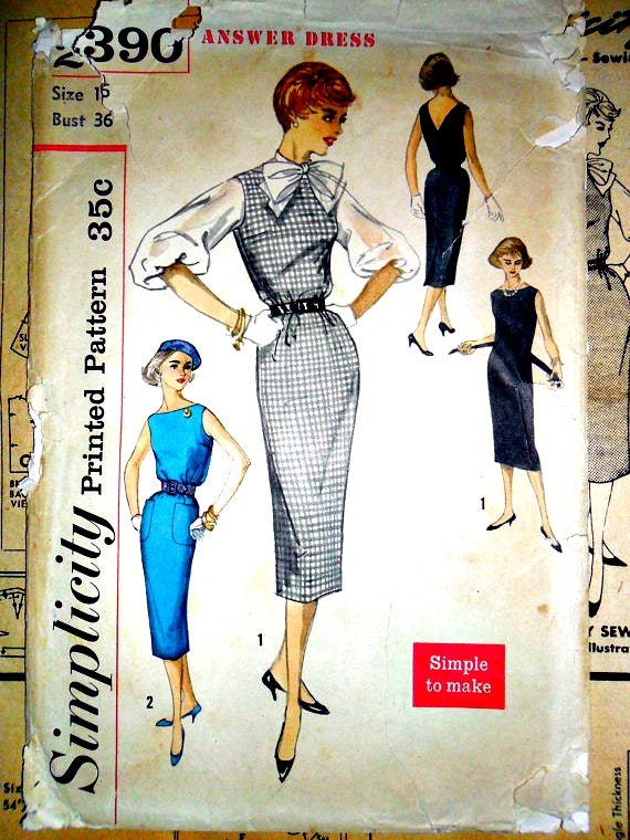 Wiggle Dress Jumper and Blouse Mad Men Retro 1950's Answer Dress Vintage Sewing Pattern Simplicity 2390 Size 16
