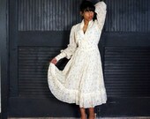 70s Gunne Sax Tea Dress- Victorian Revival Pastel Flowers On Ivory Cotton- Trumpet Sleeve Peasant