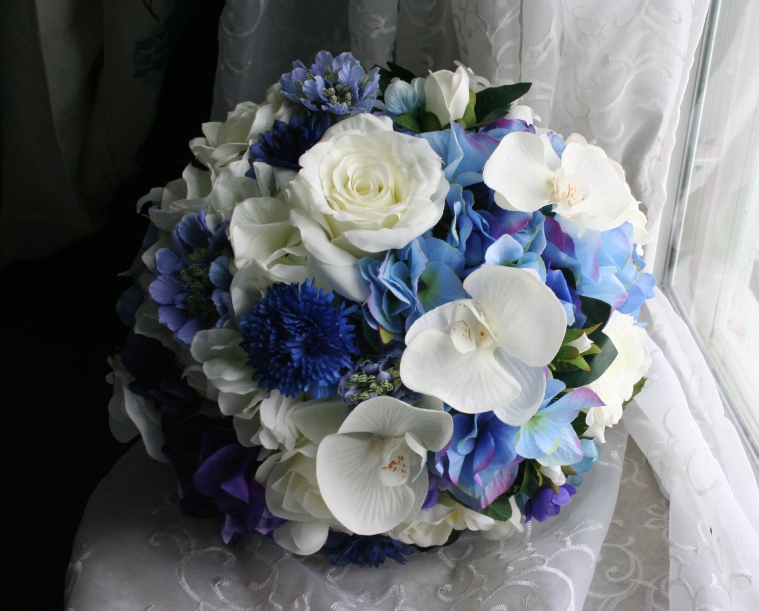 Blue Wedding Bouquet - Orchids, Roses, Gardenias, Ranunculus, Hydrangea - White Rose Boutonniere - Royal Blue, White & Purple Bridal Bouquet