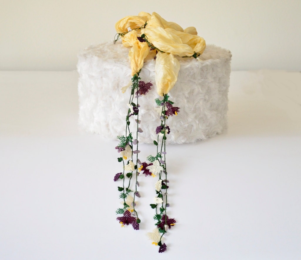 Purple and Cream Flowers, Needle Lacework , Crochet Flowers, Pale Yellow Wrinkled Silk Foulard, Necklace, Mother's Day Gift