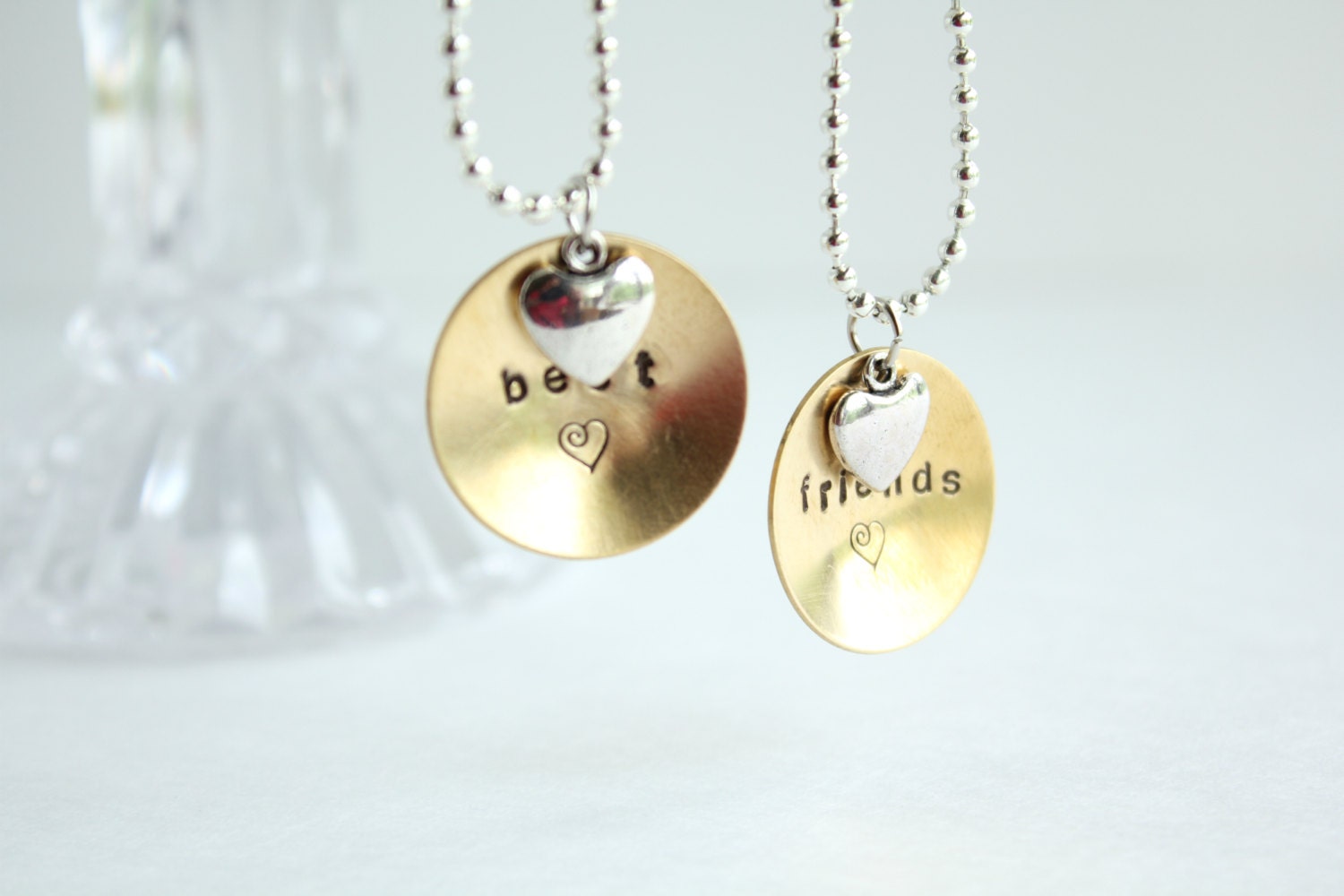Best Friends - Hand Stamped Charm Necklace with Hearts - Matching