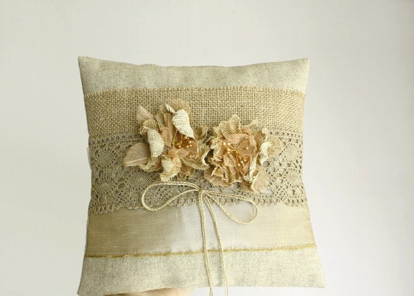 lace Ring Bearer Pillow linen burlap Shabby Chic spring summer Wedding  flowers earthy rustic beige golden