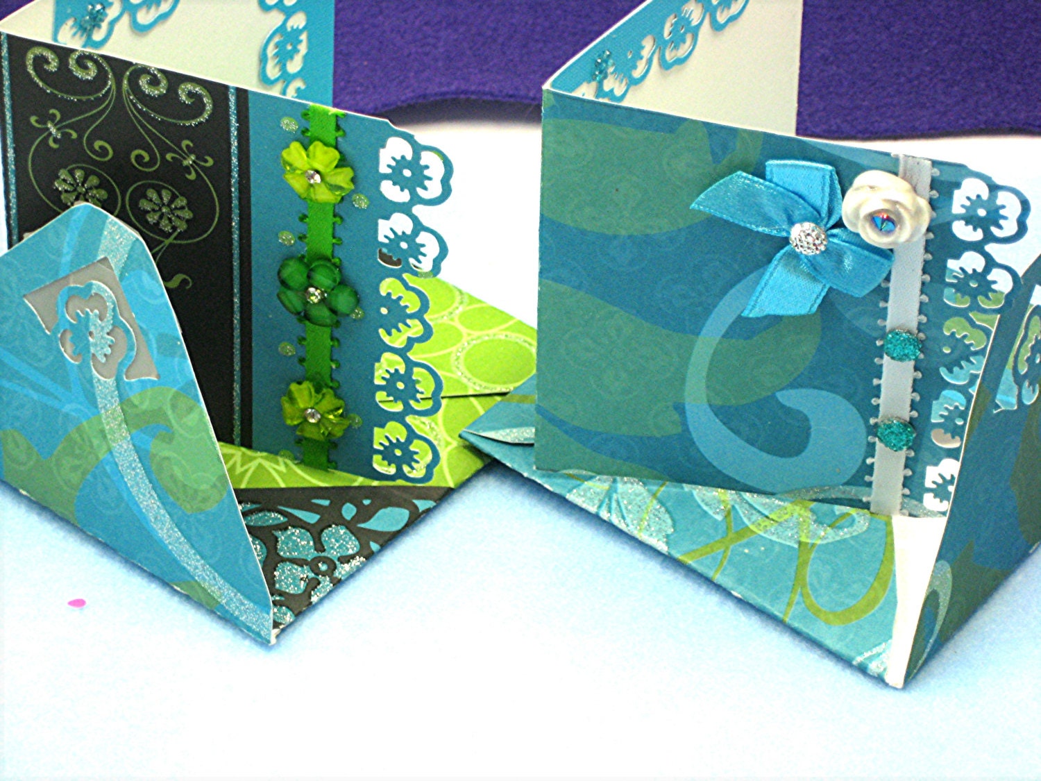 2  Blue and Green Notecard/Envelope Stationary, Embellished Blank Card/Envelope, Bright Handmade Card/Envelope Stationary Set