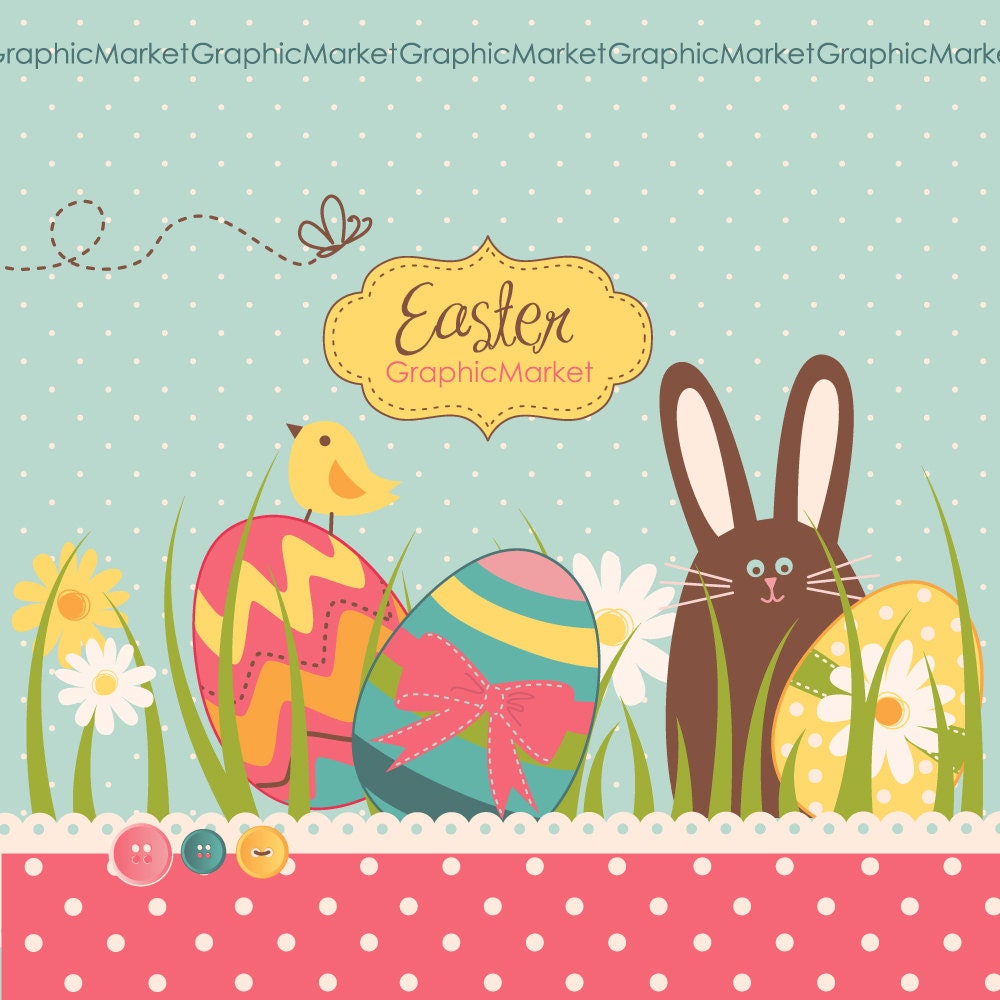 Easter Digital Clip Art and card templates, Retro Easter eggs, chick, rabbit, flowers, frame, bunny, polka dots, Personal or Commercial Use