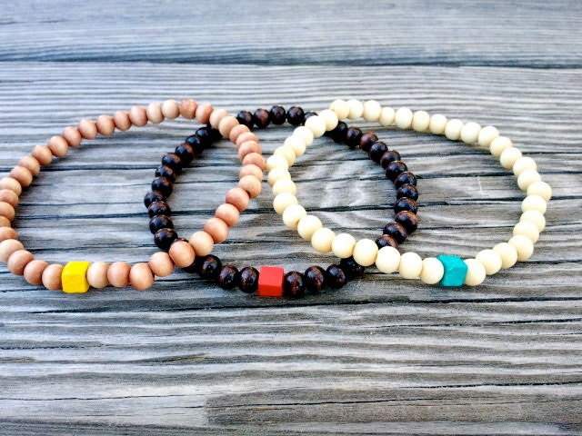 Wood cube bracelet trio