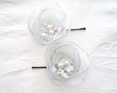 Palest Grey Organza Flower Bobby Pins with Lace and Pearls Centre - Bridal Wedding Flowergirl Bridesmaid - Set Of 2