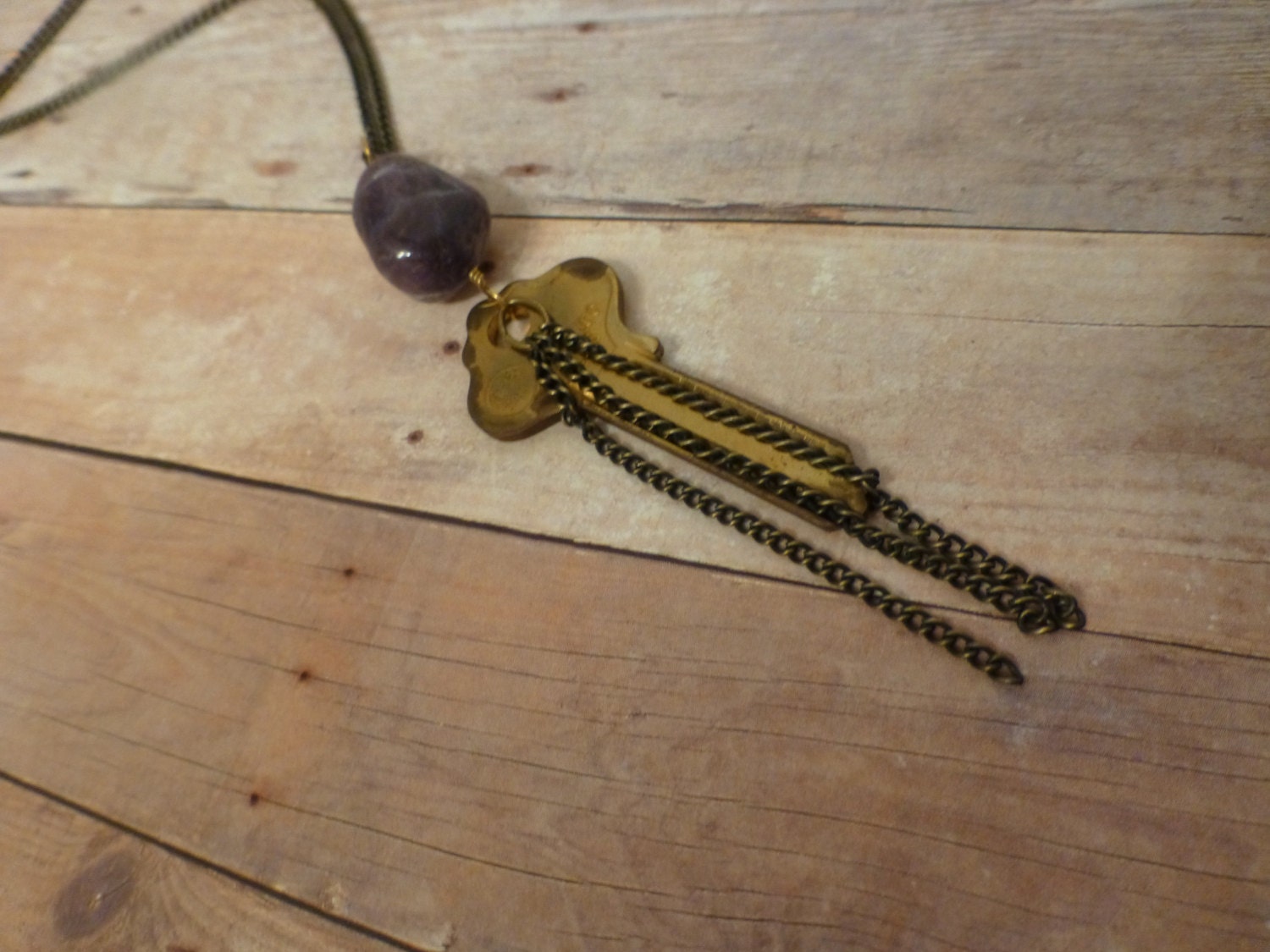 Vintage Gold Key & Violet Stone Necklace - Long Gold Tassel Necklace