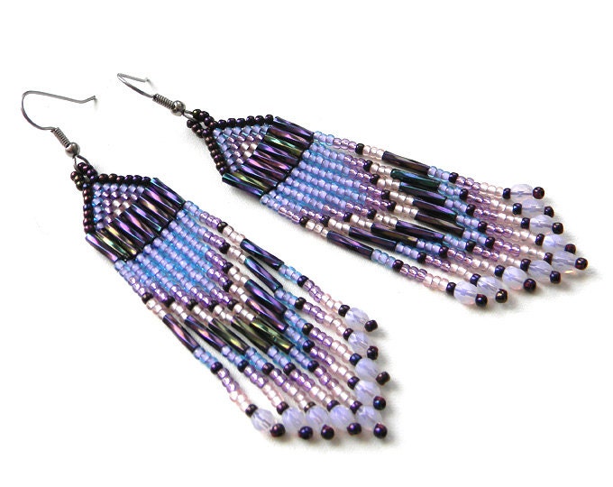 Lavender seed bead earrings -  dangle long earrings, purple  / violet
