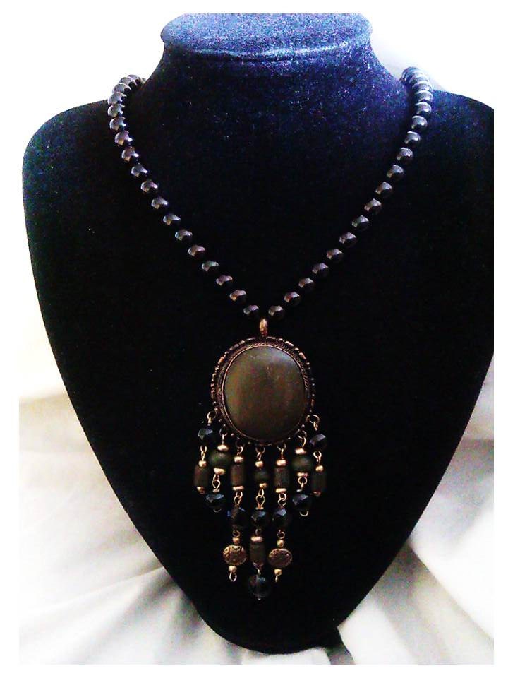 Dark Green Oval Pendant and Black Bead Necklace - Upcycle Jewellery
