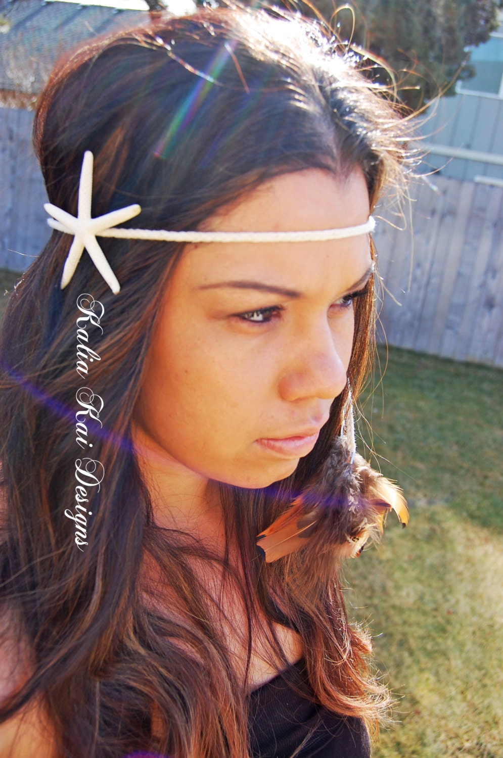 Boho Chic White Starfish Headband with feather dangles, braided band, real starfish, real feathers, boho, hippie, summer, fun