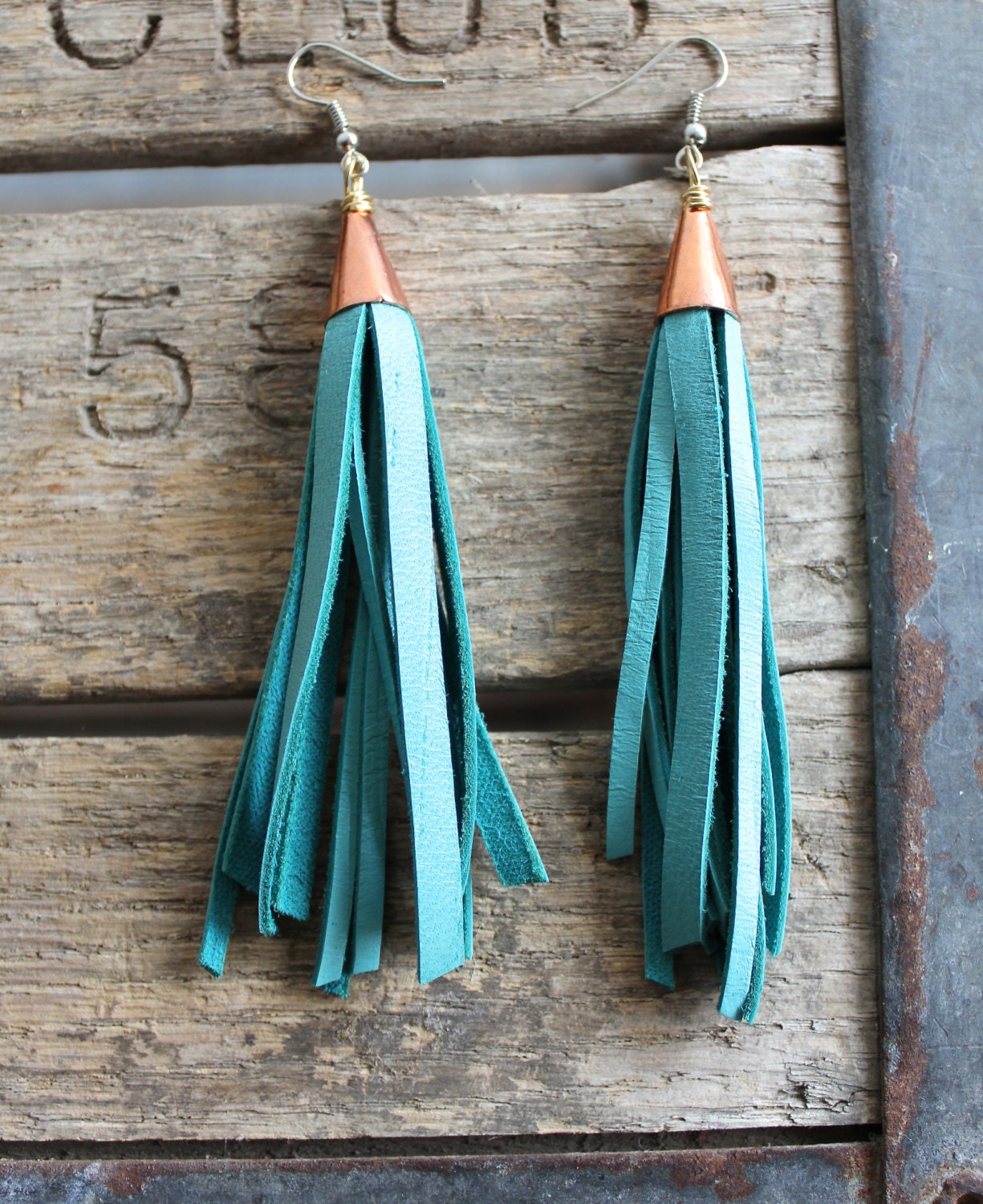 SALE: Teal Leather Fringe Earrings