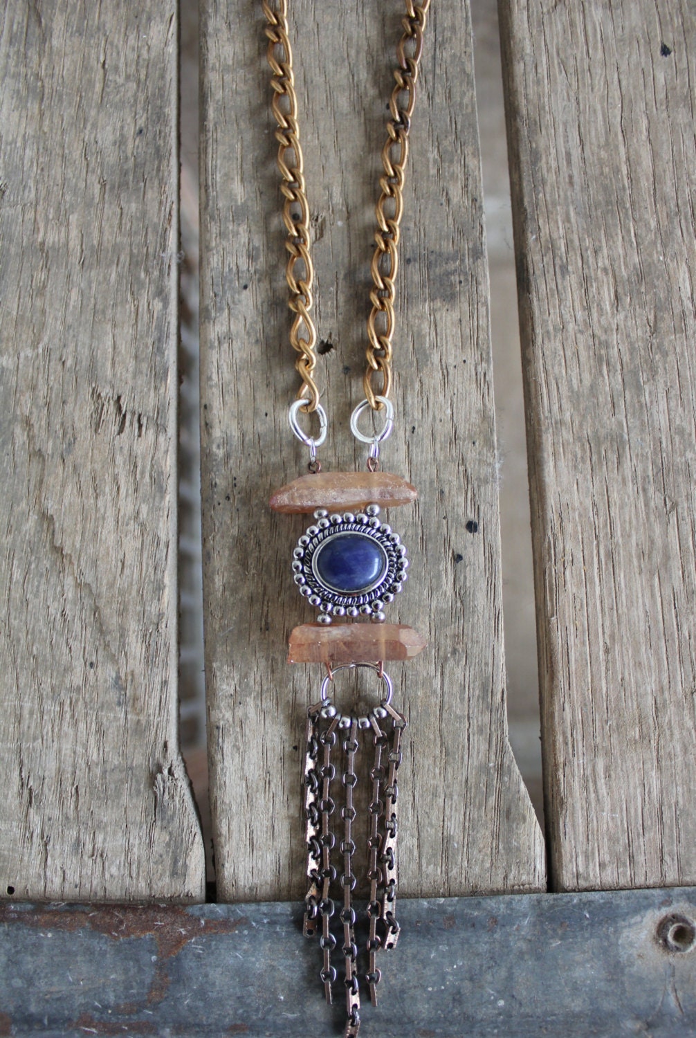 Silver Indigo Stone with Peach titanium quartz crystals chain fringe Necklace