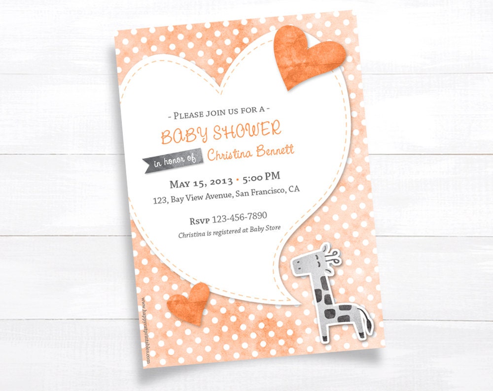 Giraffe Orange Coral Gray Polka Dot Baby Shower Invitation Printable Shower Invite Gender Neutral Baby Girl Baby Boy Couple Babyshower