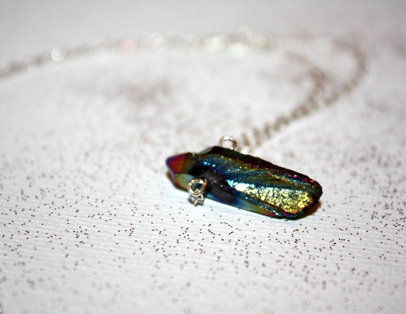 arcus - quartz crystal point necklace by lilla stjarna - sterling silver - gifts under 50 - crystal necklace raw Peacock Titanium Quartz