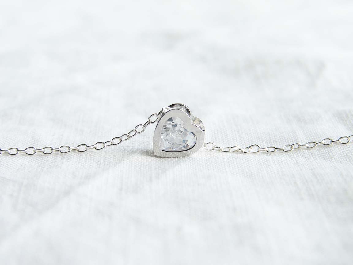 Solitaire Necklace. Small Cubic Zirconia Heart Bezel Setting on Silver Chain. Gift for her. April Birthday. Everyday Minimalist Jewelry