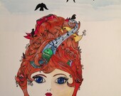An original illustration using ink and watercolour 'A little Birdie Told Me'