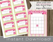 Owl Theme Baby Shower Bingo Game Cards and Diaper Raffle Tickets pink and green stripe INSTANT DOWNLOAD diy digital printable file baby girl Il_170x135