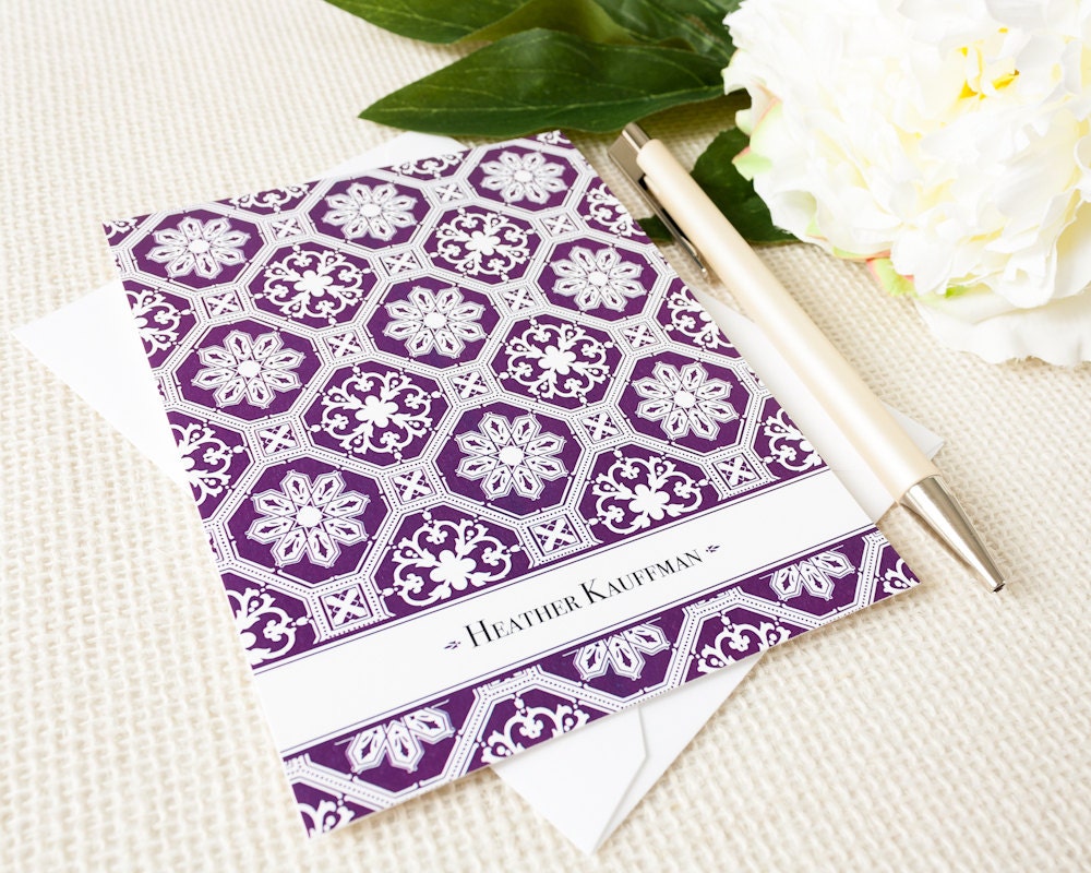 Personalized Notecard Set - Vintage Textile Pattern- Set of 8 Folded Personalized Stationery / Stationary Cards - Choose your color