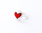 Heart ring - Button Ring - Valentine's Day - Red - White - Silver - Adjustable Ring - Under 10