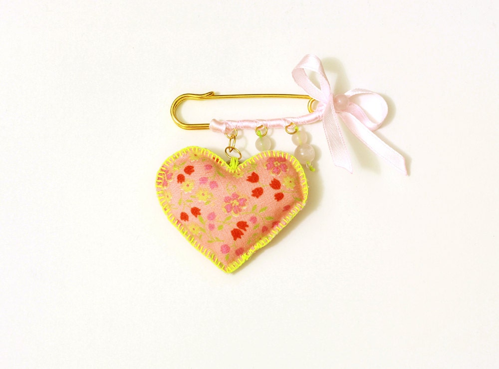 FREE SHIPPING - My Sweet Girl - Heart Shaped Handmade Brooch Pin with Ribbon and Pink Quartz Beads. Birthday, Valentines Day. Spring, Summer
