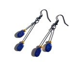 Elegant Handmade Dangle Drop Double Line Earrings with Natural Lapis Lazuli Blue Gemstone Oval Beads and Golden Round Spacers Black Hooks