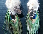 Jewelry, Earrings, Feather Earrings, Handmade Feather Earrings, Peacock Feather Earrings, Yellow, Black and White Feather Earrings Sku 005