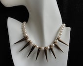 Edgy & Sweet Vintage Pearl and Faux Bronze or Silver Spike Necklace