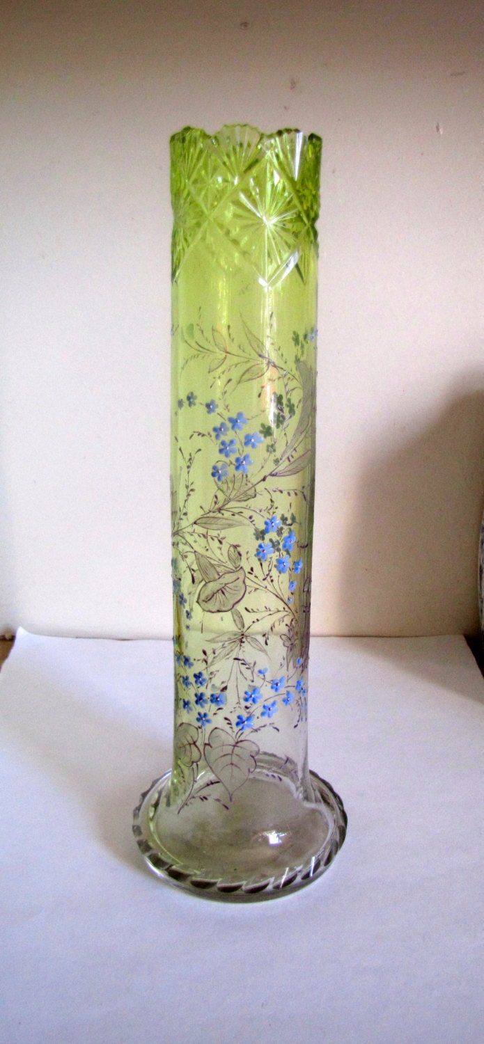 Antique Victorian Tall Painted Glass Vase Green to Clear Cut Glass Filigree
