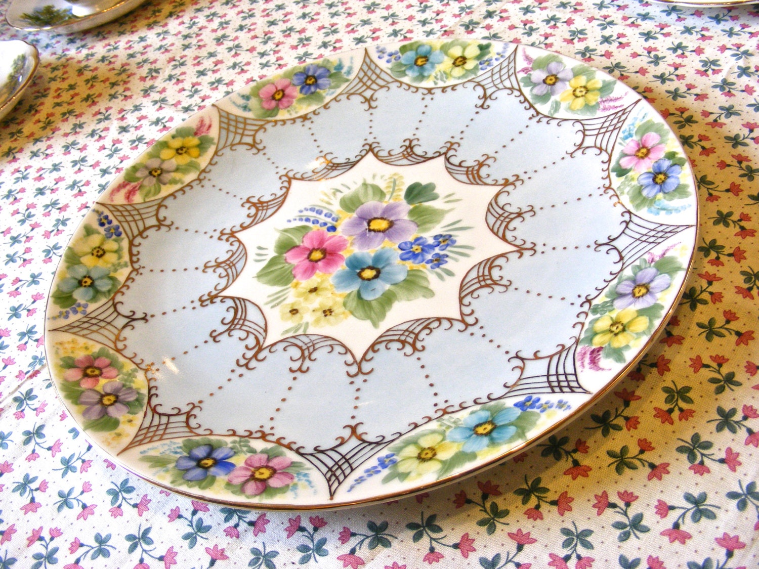 Vintage Cake Plate / Sandwich Plate -  Lovely Floral and Light Blue Pattern - Signed F. Fisher c 1967 - Perfect for Vintage Themed Wedding