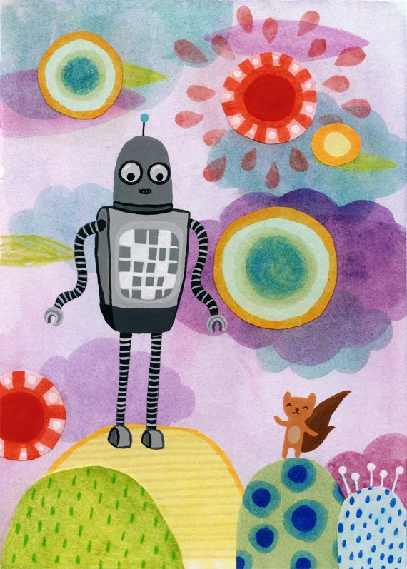 daydreamy robot - original painting on paper