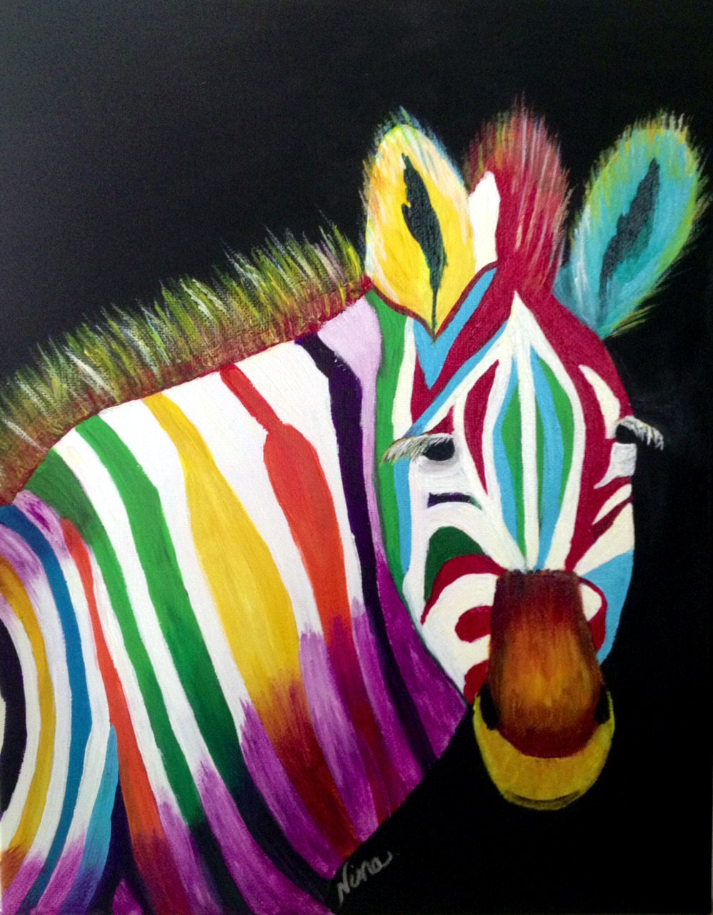 11x14 Zebra multicolor rainbow animal zoo red original acrylic wrap around canvas green blue white