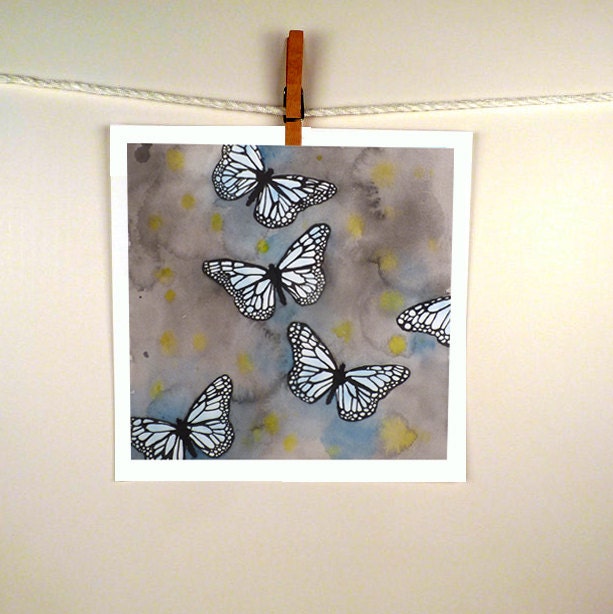 Butterflies Watercolor Painting Print - Fathers Day - Monarch Butterfly Painting Spring  Art - Women Men Kids Teens Aqua Grey - 12  x 12
