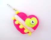 Summer Initial Neon Heart Dust Plug. Pink Polkadots PomPom Personalized Plug for your iPhone. iPhone iPad Galaxy. Bridesmaids Gift for  her