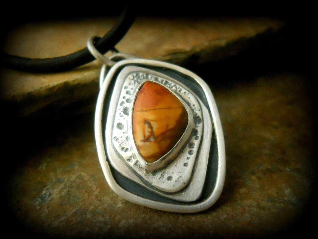 cherry creek jasper pendant, sterling silver, free form cabochon, rustic, earth tones, thick leather cord