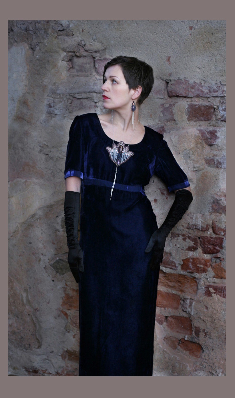 Midnight Blue Velvet Dress 80ies does 30ies - Empire waist Maxi Dress