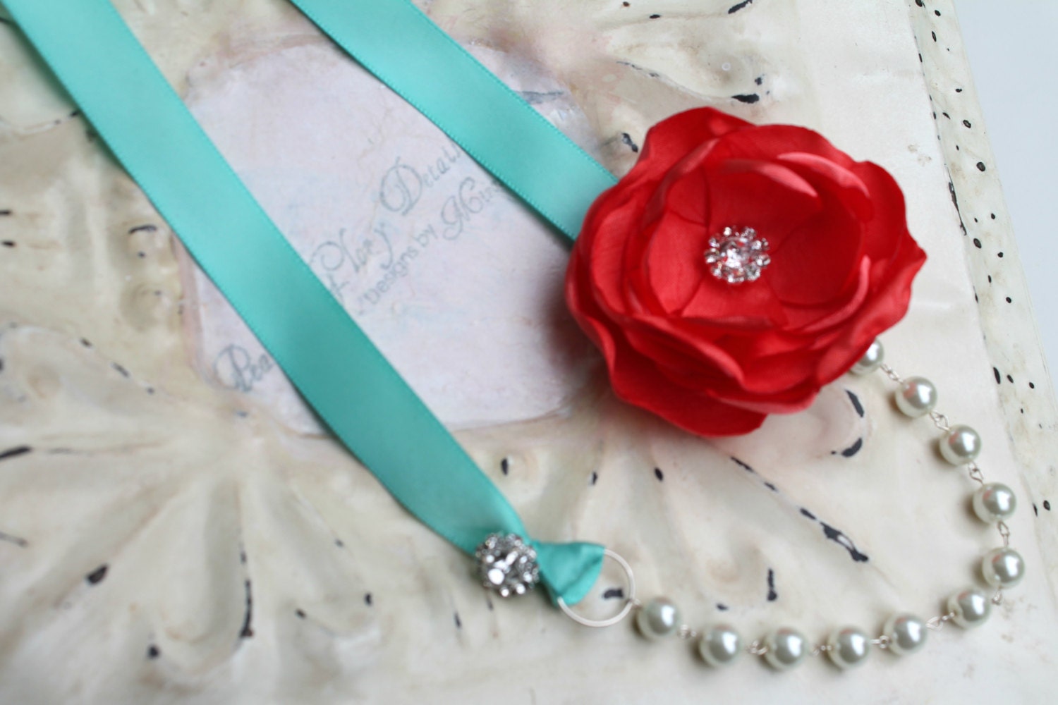 Pearl Crystal Ribbon Necklace - Coral Red Turquoise - Bridal Bridesmaids - Wedding Gift Accessory - Many Colors - Ready to Ship