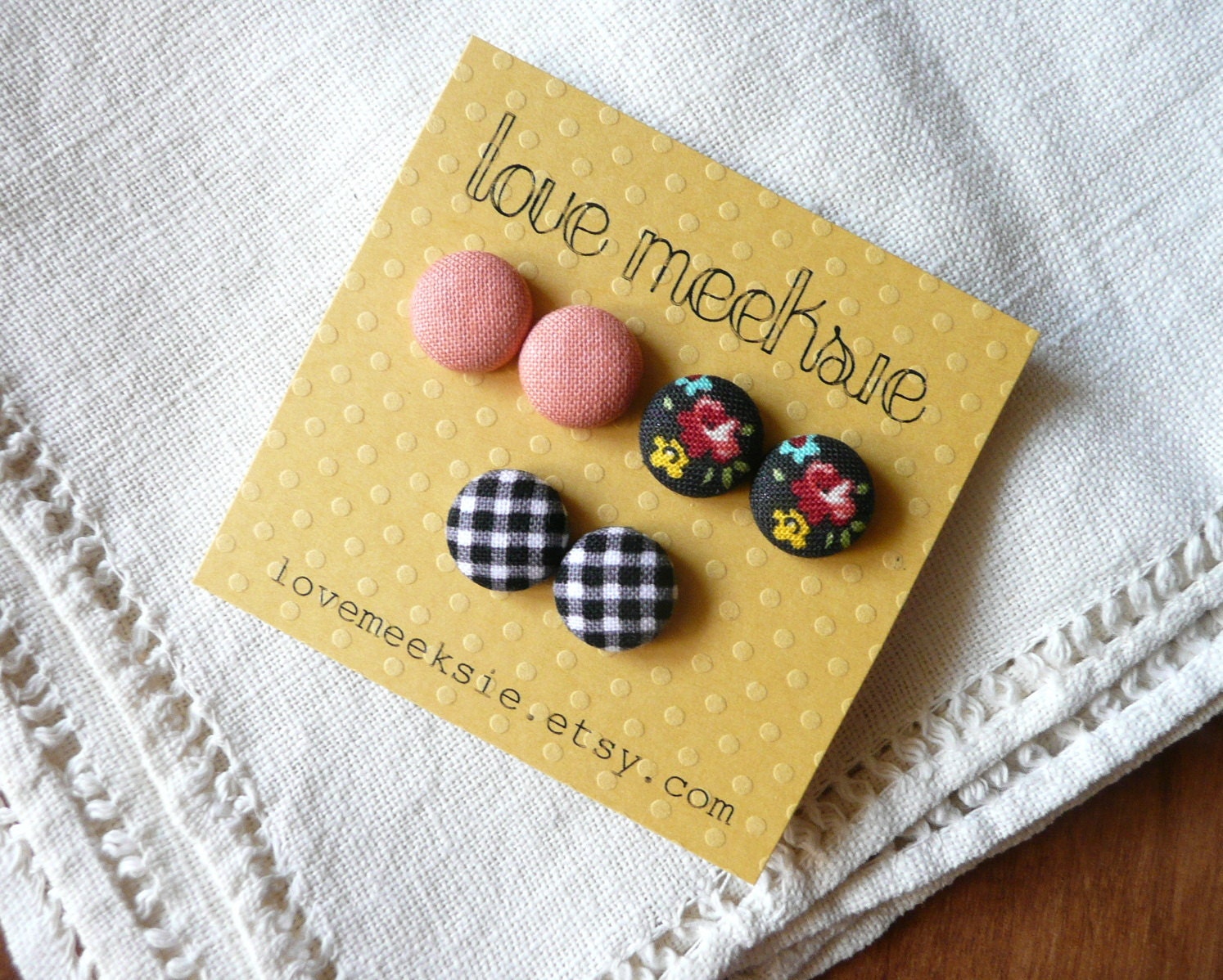 vintage inspired fabric button earrings, peach floral and plaid - small round studs 1/2 inch