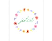 Floral Name Print - Personalized Art Print - English Flowers - A4 or 8x10 - Nursery Bedroom Art