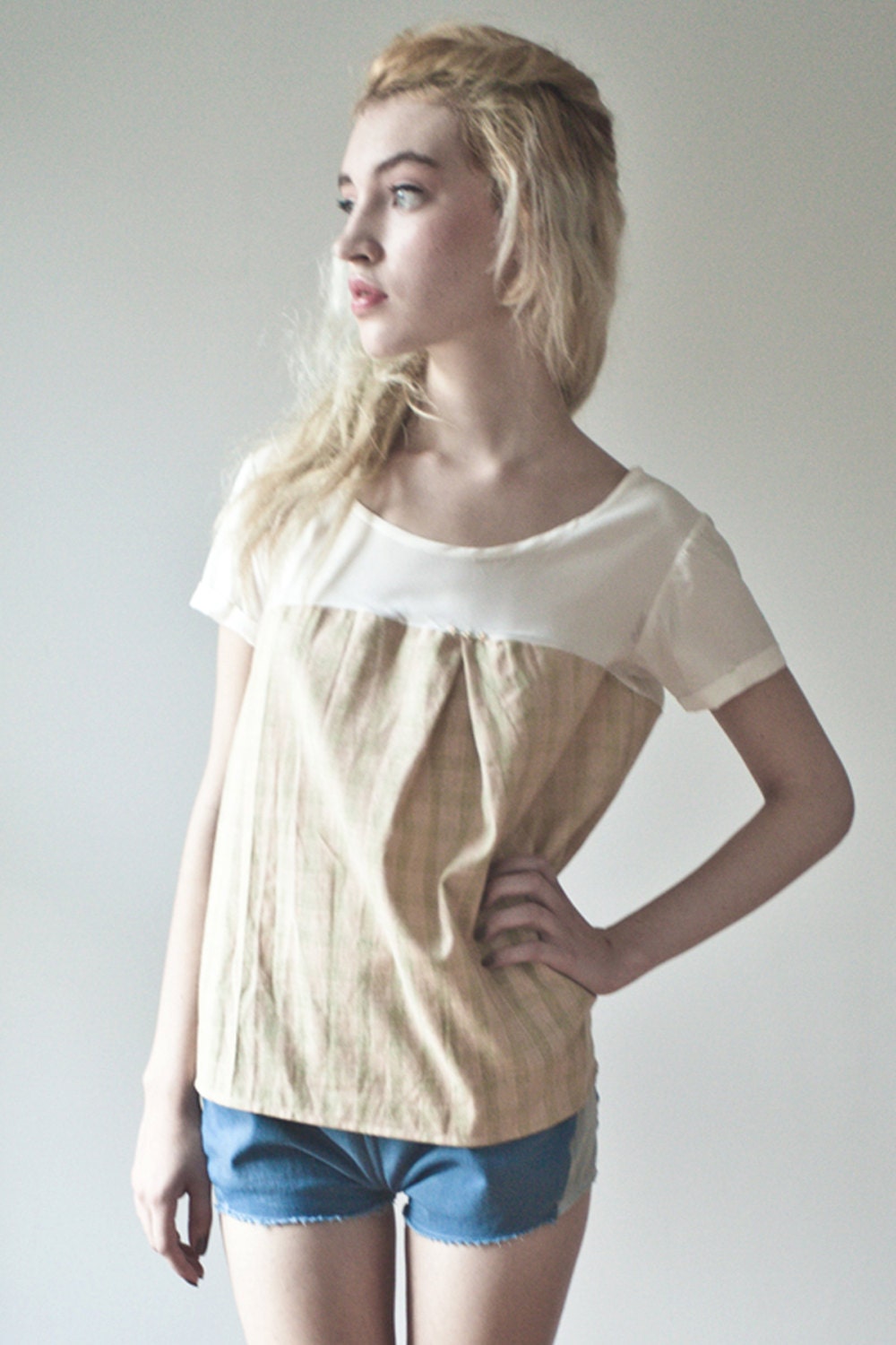 Plaid/Silk Chiffon Tuck Top - Ivory Sage