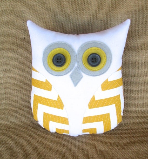 decorative owl pillow, grey yellow nursery, yellow pillow, chevron owl, yellow and white chevron pillow, graduation gift, teacher's gift