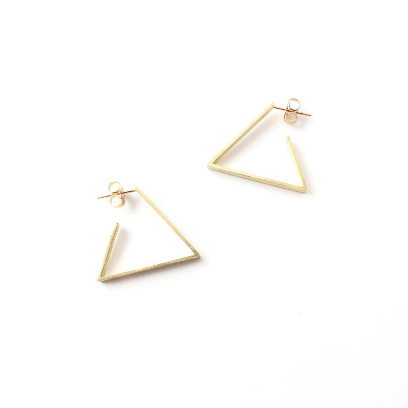 NEW Gold Triangle Hoop Earrings / geometric brass hoops / 14k gold fill post / modern minimal earrings / everyday jewelry