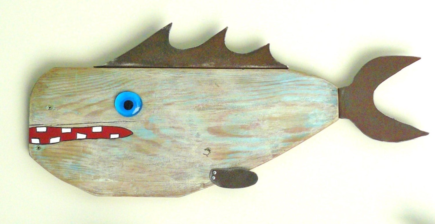 Whimsical, found object and recycled wood fish art. Al CARP-own