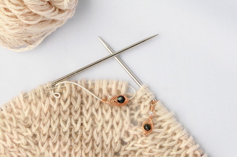 Bronze Feather Knitting Tool Set With Larvikite Stones - Handmade in Sterling Silver and Bronze